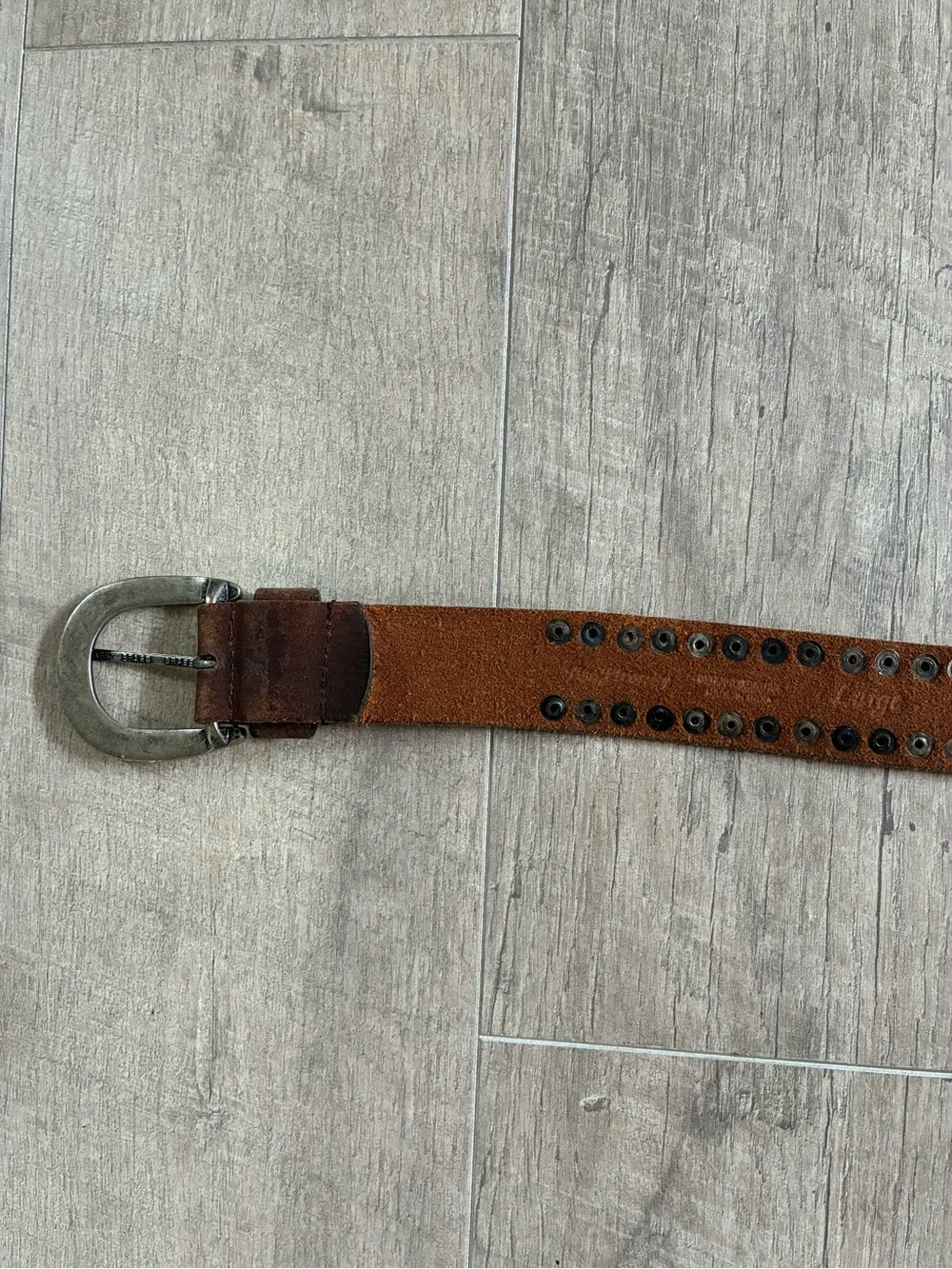 Western Antique Silver Studs Brown Leather Belt With Horse Shoe Buckle